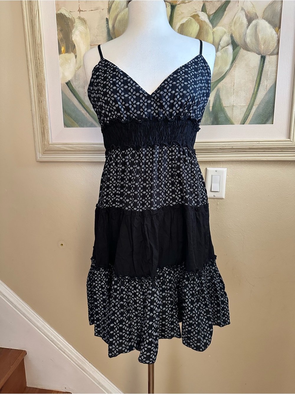 Angie Daytrip Black White Patchwork Boho Mini Dress Cotton Tiered Strappy Large